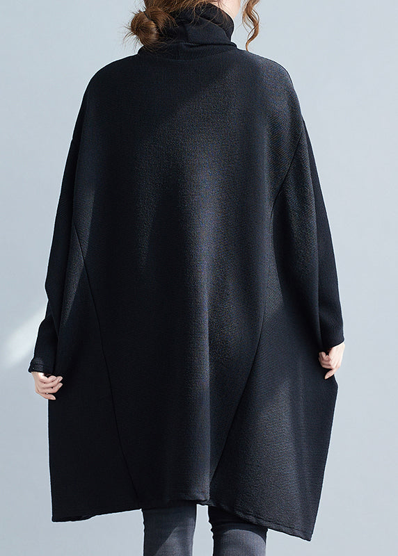 Cozy Black Hign Neck Patchwork Knit Sweater Winter