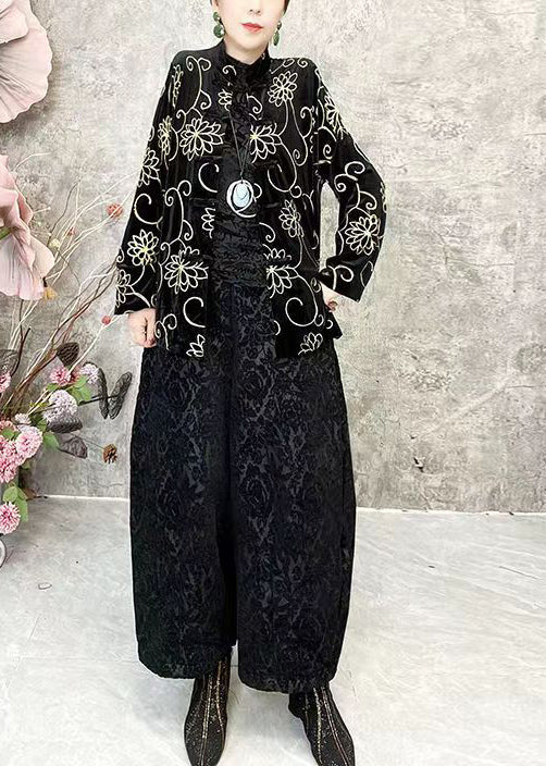 Chinese Style Black O Neck Velour Short Coat Spring