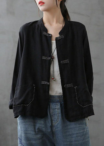 Boutique Green Stand Collar Embroideried Patchwork Linen Coat