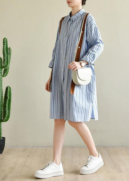 Blue Striped Cotton Button Spring Dresses
