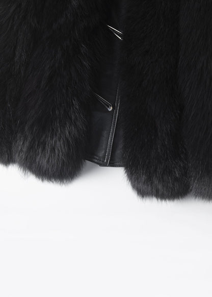 New Black Fox Collar Button Patchwork Leather and Fur Waistcoat Sleeveless