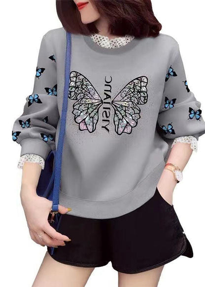 Grey Lace Patchwork Print Fall Sweatshirt Street Wear