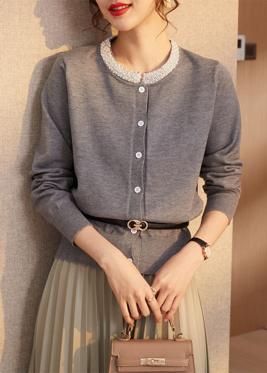 Classy Grey O-neck Nail Bead Wool Knit Cardigans Spring