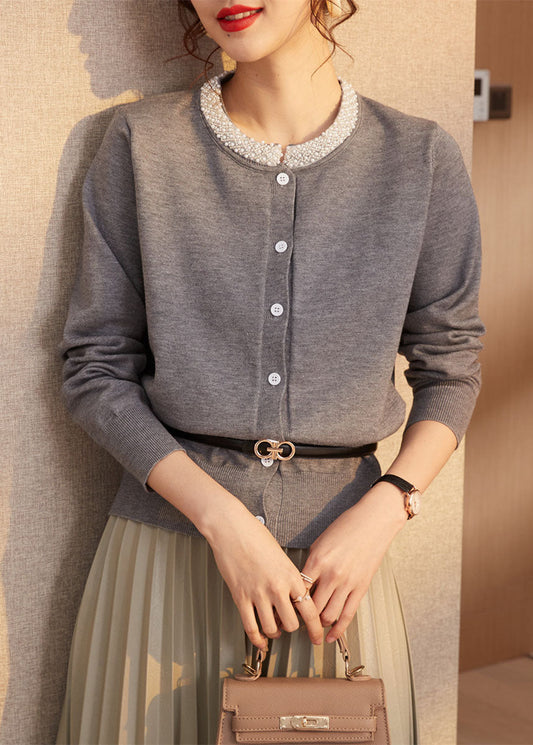 Classy Grey O-neck Nail Bead Wool Knit Cardigans Spring