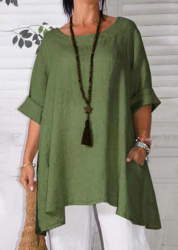 Loose Apricot O Neck Pockets Linen T Shirts Half Sleeve Fall