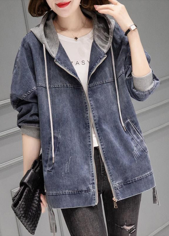Grey Blue Patchwork Drawstring Hooded Denim Coat Fall