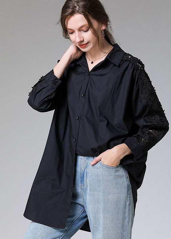 Black Embroideried Button Patchwork Top Fall