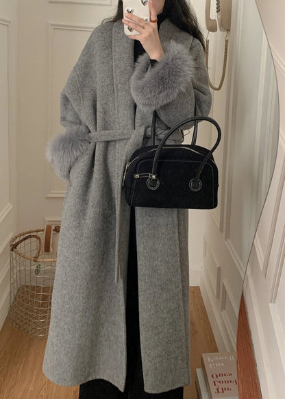 Grey Fox Fur Patchwork Woolen Duster Coat Winter