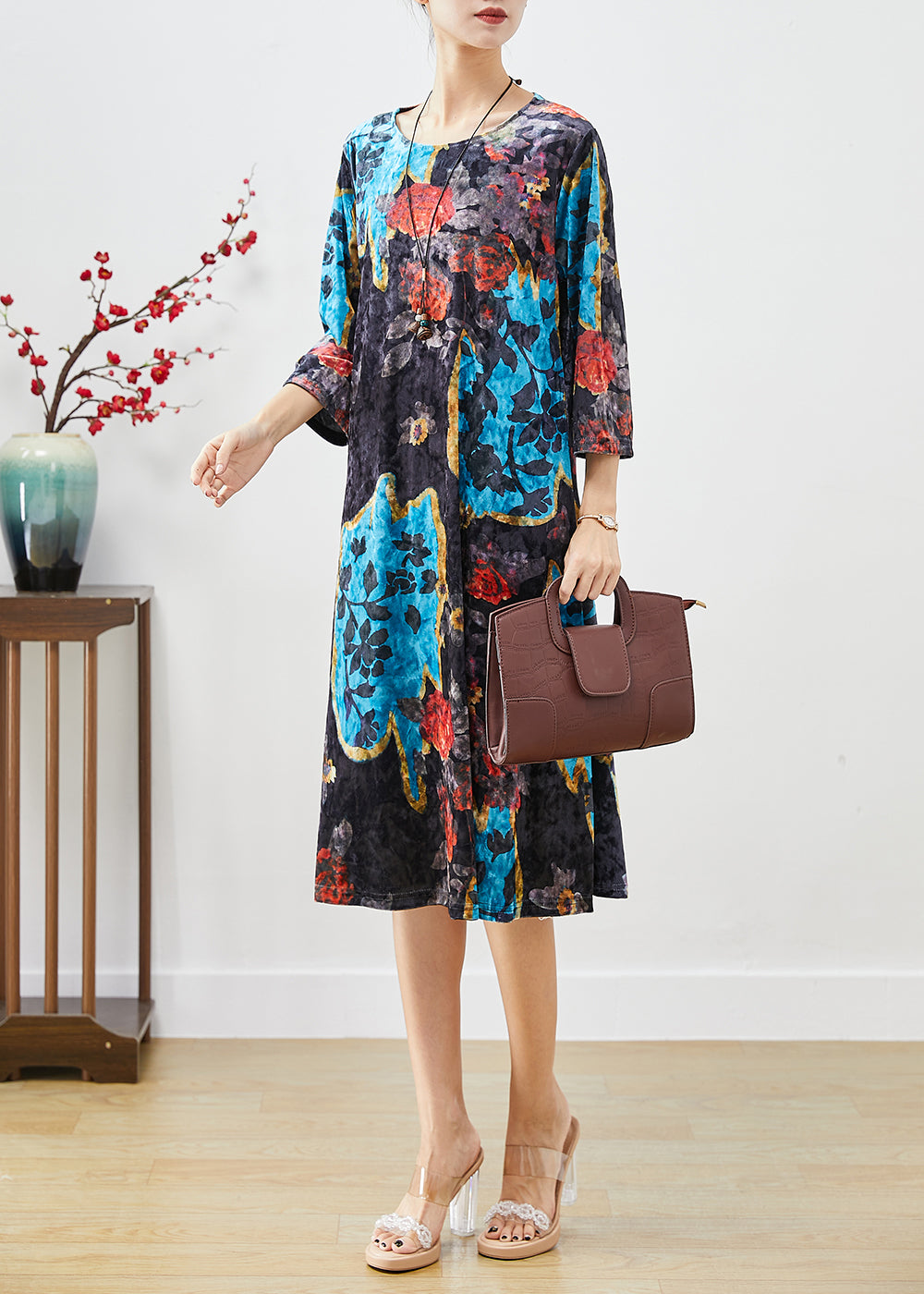 French Black O-neck Print Silk Velour Maxi Dresses Bracelet Sleeve