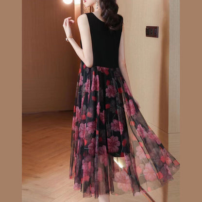 Black Print Patchwork Lace Summer Party Dress