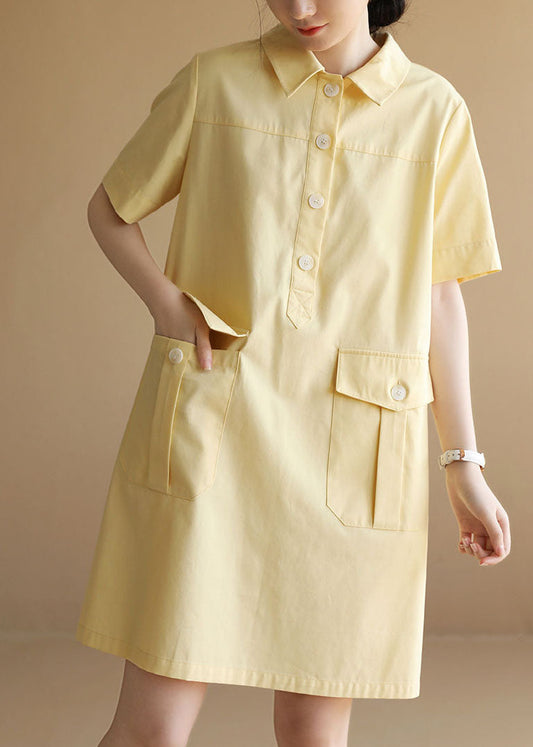 Classy Yellow Peter Pan Collar Pockets Button Cotton Maxi Dress Short Sleeve