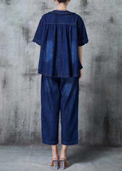 Navy Embroidered Patchwork Denim Two Pieces Set Summer