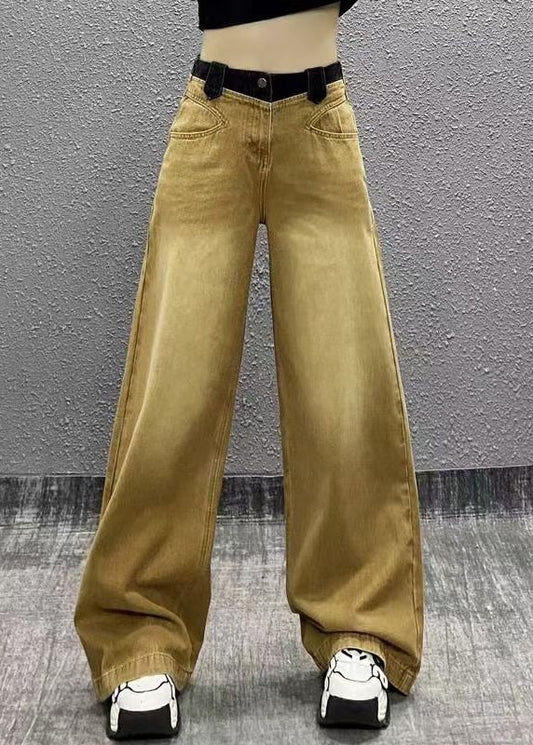 Khaki Pockets Patchwork Denim Wide Leg Pants Fall