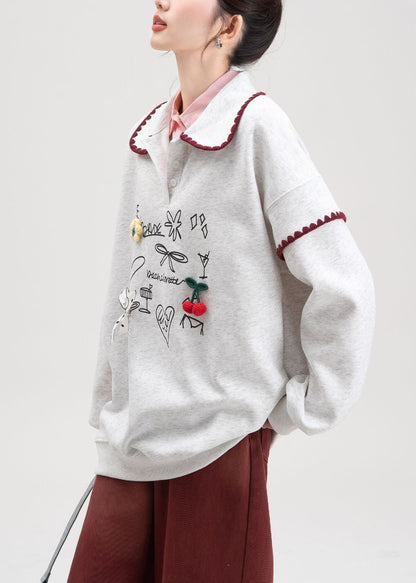 Grey Bow Print Cotton Fall Sweatshirts Peter Pan Collar