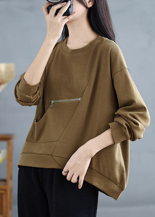 Khaki Zip Up Pockets Patchwork Cotton Top Spring