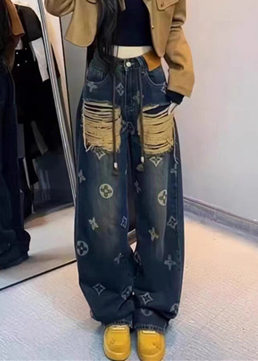 New Ripped Printed Denim Straight Leg Pants for Spring