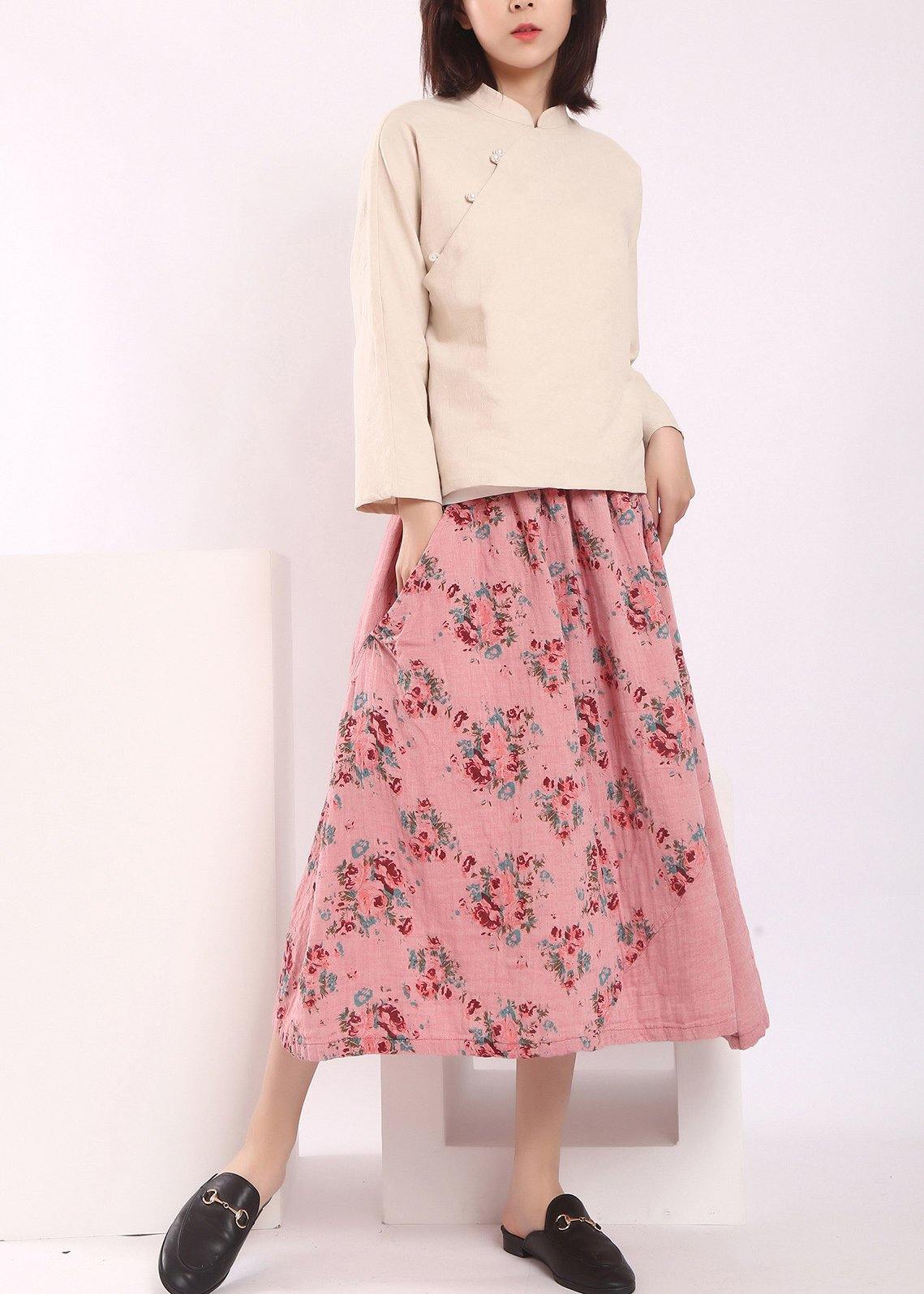 Organic Pink Patchwork a Line Skirts Cotton Linen