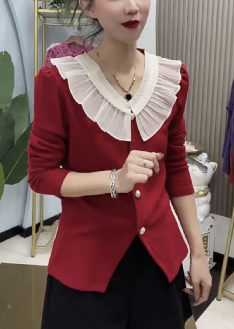 Red Ruffled Button Knit Tops Long Sleeve