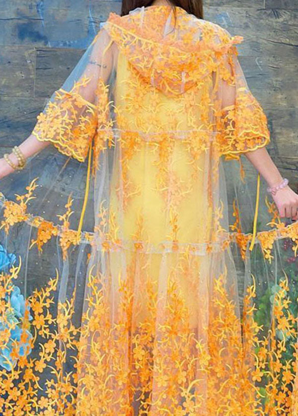 Yellow Hooded Embroideried Patchwork Tulle Two Pieces Set Summer