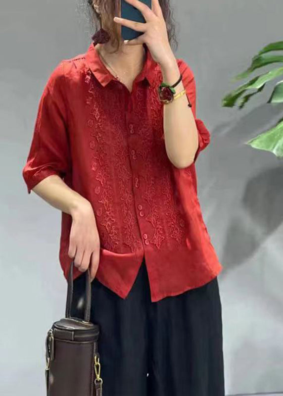Green Peter Pan Collar Embroideried Button Shirt Half Sleeve