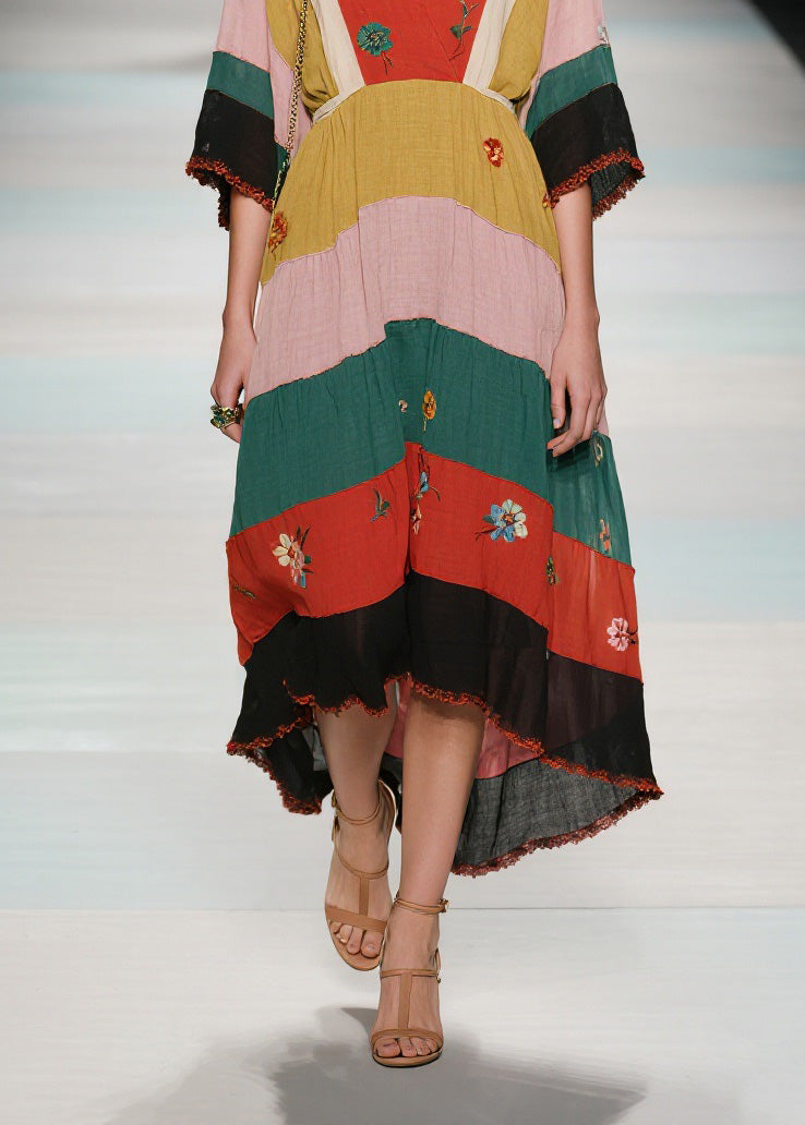 Natural V Neck Patchwork Cotton Long Dress Summer