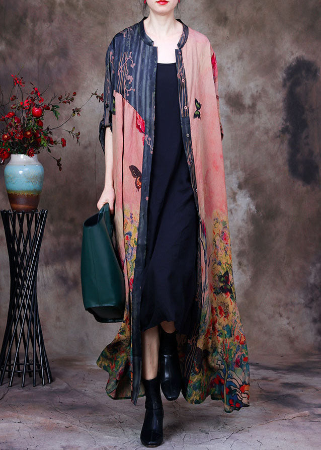 Colorblock Stand Collar Pockets Patchwork Silk Trench Coats Long Sleeve