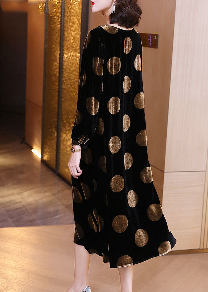 Black Dot Print Velour Dress Spring