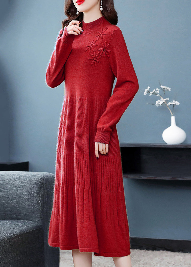 Black Patchwork Woolen Dress Embroideried Turtleneck Fall