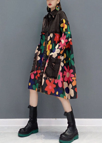 Black Oversized Patchwork Print Cotton Denim Dress Spring