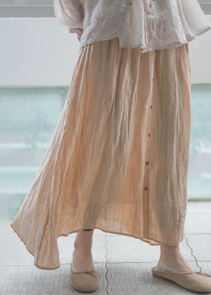Orange Elastic Waist Wrinkled Linen a Line Skirts Spring