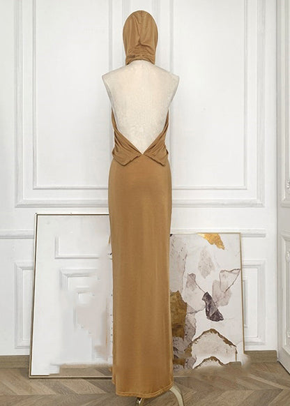 Organic Yellow Wrinkled Hollow Out Backless Hoode Long Dress Sleeveless Summer