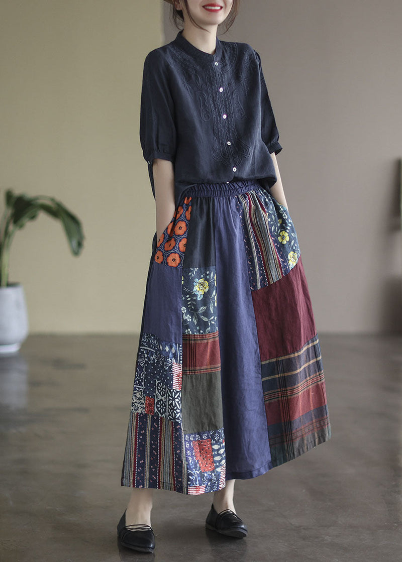 Colorblock Elastic Waist Patchwork Print Linen Skirts Summer