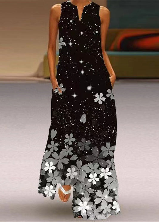 Black V Neck Print Party Long Dress Sleeveless