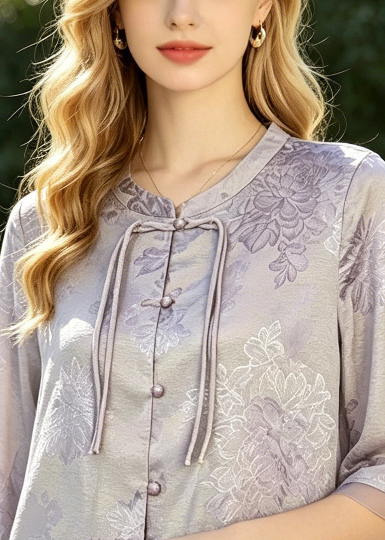 Purple Tasseled Jacquard Silk Blouse Top Summer