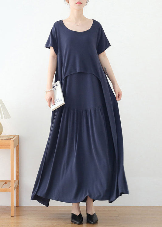 Blue Baggy Beach Dresses Asymmetrical Design Short Sleeve