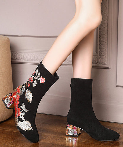 Black Zircon Embroidered Suede Chunky Boots