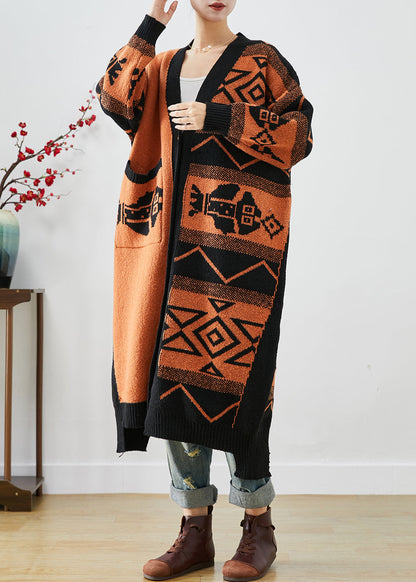 Orange Oversized Print Knit Cardigans Fall