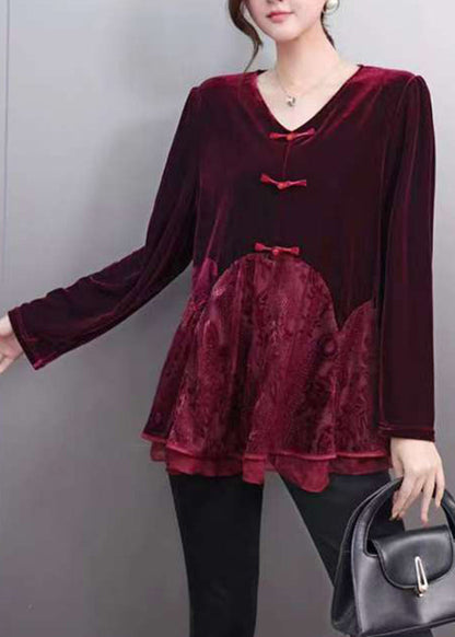 Red V Neck Lace Patchwork Silk Velour Top Spring