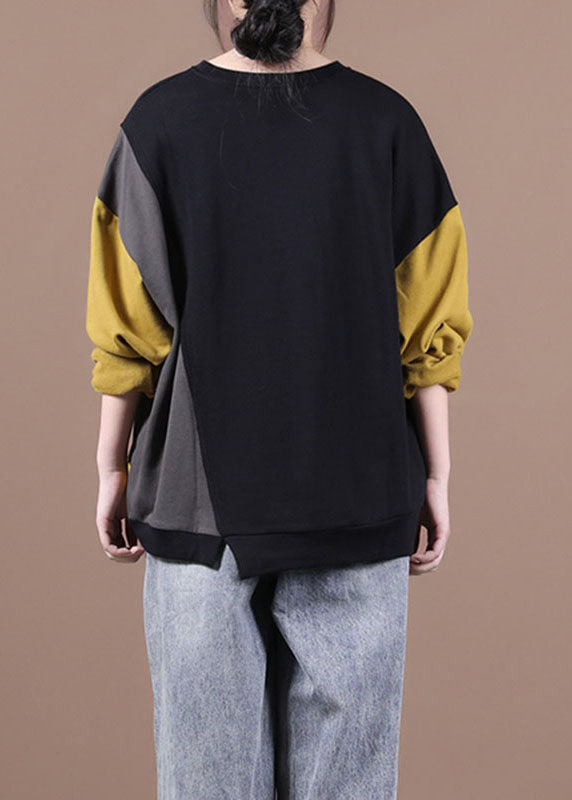 Black Patchwork Yellow Loose Fall Sweatshirt Street Wear