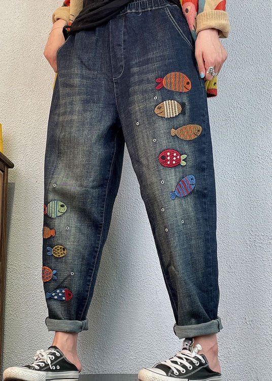 Loose Blue Embroideried Denim Spring Harem Pants