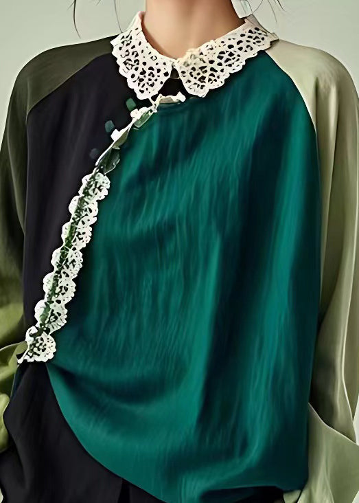 Blackish Green Peter Pan Collar Hollow Out Linen Blouse Long Sleeve