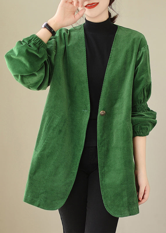 Green V Neck Button Pockets Corduroy Coats Fall