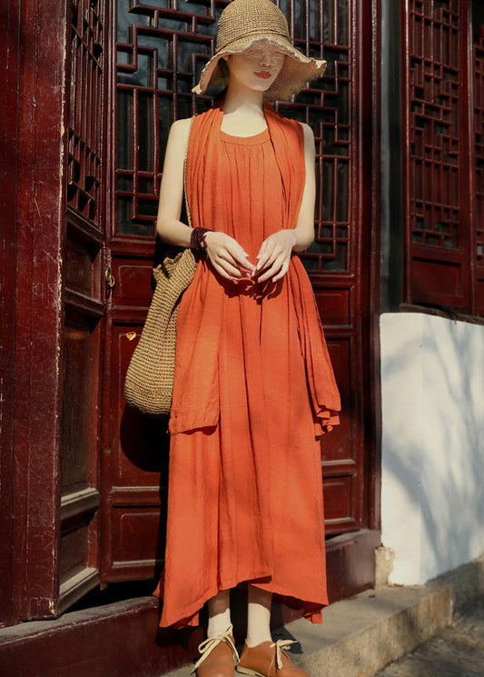 Orange Original Design Linen Spaghetti Strap Dress and Shawl Two Pieces Set Summer
