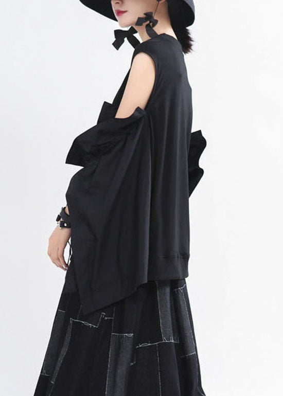 Art Black O-neck Drawstring Flare Sleeve Shirts Spring