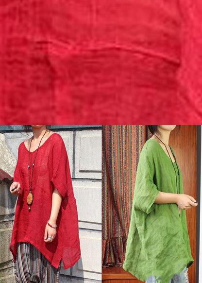 Green U Neck Linen Summer Shirt Tops