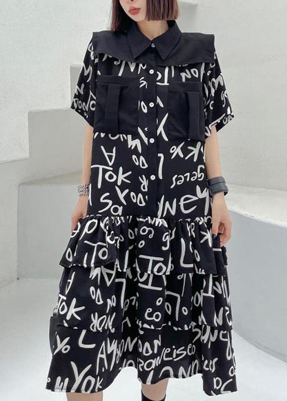 Black Print Patchwork Peter Pan Collar Robe Dresses Summer