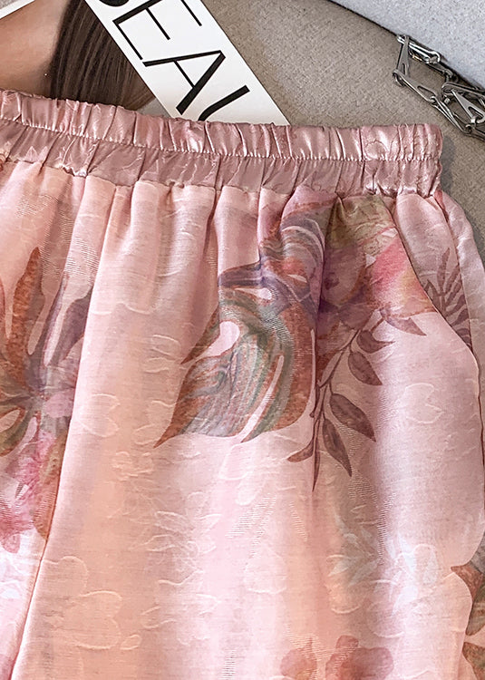 Pink Elastic Waist Print Silk Shorts Summer