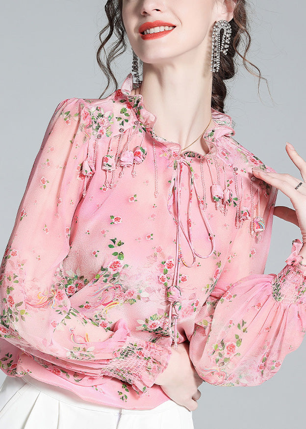 Pink Ruffled Print Tassel Neck Tiie Silk Shirt Long Sleeve Spring