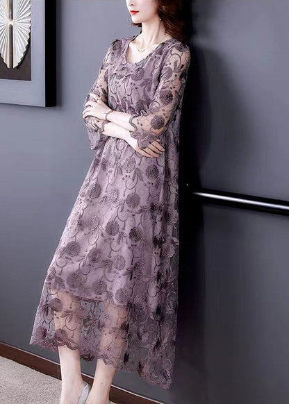 French Grey Purple O-neck Embroideried Tulle Dresses Three Quarter Sleeve
