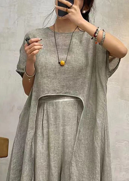 Art Grey Asymmetrical Patchwork Cotton Top Short Sleeve